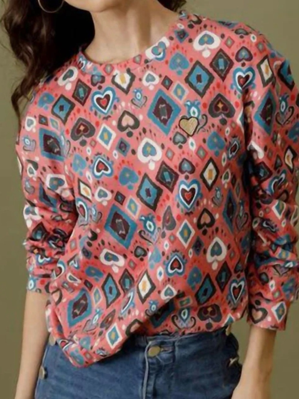 Emily Lovelock Tessa Swestshirt Printed Coral 3/4 to Bracelet Sleeve